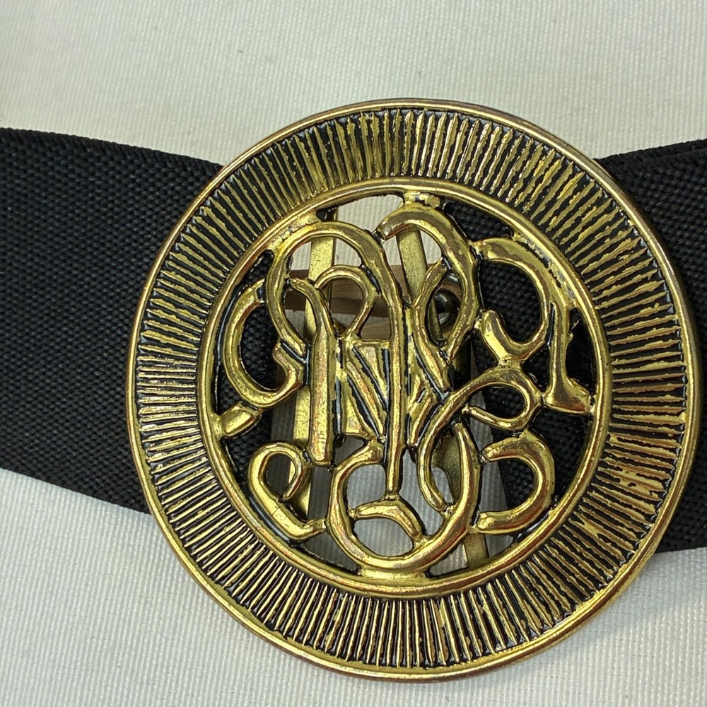 Vtg Gold Tone Filigree Buckle Stretch Belt Womens Black Retro Boho Glam Regency - Picture 2 of 6